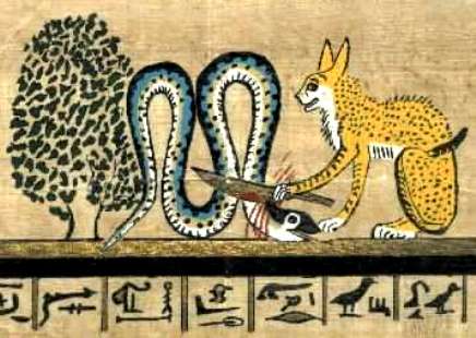 Cat Goddess killing the evil snake god Apep